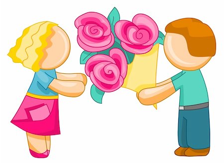 Illustration for web. Pretty woman getting red flowers from his partner. Isolated over white background. Stock Photo - Budget Royalty-Free & Subscription, Code: 400-04666715