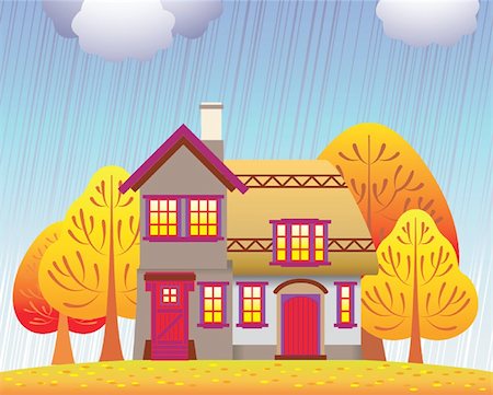 rain outside the window - Illustration of the autumn cottage Stock Photo - Budget Royalty-Free & Subscription, Code: 400-04668216