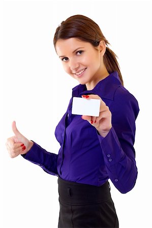 Portrait of young pretty woman holding blank business card giving thumbs up isolated on white background Stock Photo - Budget Royalty-Free & Subscription, Code: 400-04668227