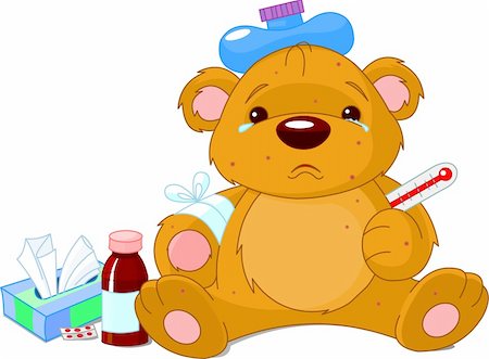 A sick Teddy Bear with thermometer, hot water bottle, peels and a bottle of medicine. Rash and Bear  are on separate layers. Photographie de stock - Aubaine LD & Abonnement, Code: 400-04668679