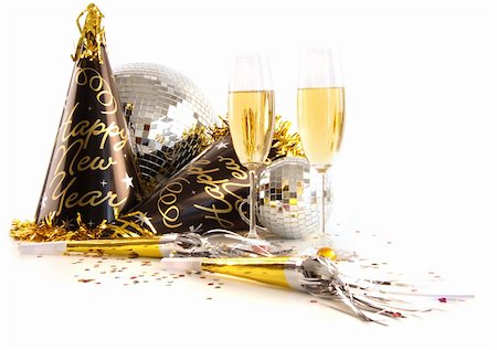 simsearch:400-04288408,k - Champagne glasses with festive party hats on white background Stock Photo - Budget Royalty-Free & Subscription, Code: 400-04669091