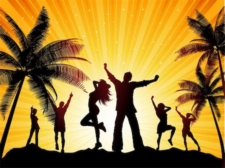 silhouette of dancers at party - Silhouettes of people dancing on a tropical background Photographie de stock - Aubaine LD & Abonnement, Code: 400-04669647
