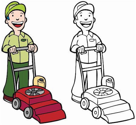 Cartoon image of man mowing lawn - color and black/white versions. Foto de stock - Super Valor sin royalties y Suscripción, Código: 400-04660810