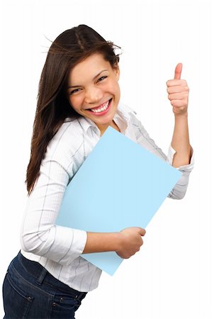 a young excited  woman holding a sign and doing a thumbs up. Isolated on white background Stock Photo - Budget Royalty-Free & Subscription, Code: 400-04661718