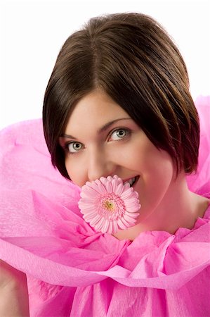 simsearch:400-05131187,k - funny shot of a young girl with pink collar paper keeping a pink flower in her mouth Foto de stock - Super Valor sin royalties y Suscripción, Código: 400-04661744