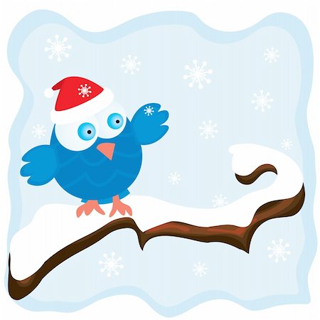 Winter image with cartoon blue bird wearing a red christmas hat and snowfall background. Vector illustration. Stockbilder - Microstock & Abonnement, Bildnummer: 400-04662476
