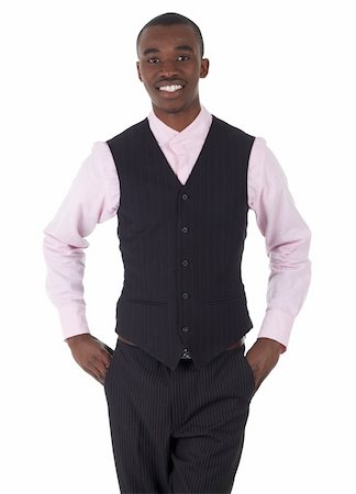 simsearch:400-04662774,k - Young Adult black african businessman wearing a dark smart-casual outfit without a Jacket, but with a pink shirt and a dark waistcoat on a white background in various poses with various facial expressions. Part of a series, Not Isolated. Foto de stock - Royalty-Free Super Valor e Assinatura, Número: 400-04662771