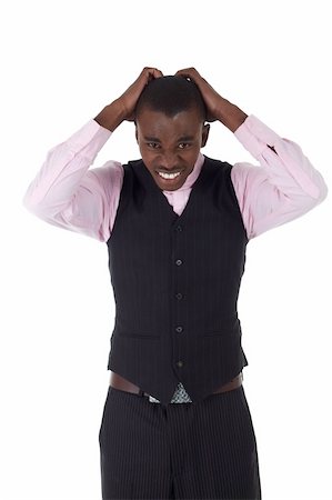 simsearch:400-04662774,k - Young Adult black african businessman wearing a dark smart-casual outfit without a Jacket, but with a pink shirt and a dark waistcoat on a white background in various poses with various facial expressions. Part of a series, Not Isolated. Foto de stock - Royalty-Free Super Valor e Assinatura, Número: 400-04662772