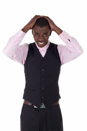 simsearch:400-04662774,k - Young Adult black african businessman wearing a dark smart-casual outfit without a Jacket, but with a pink shirt and a dark waistcoat on a white background in various poses with various facial expressions. Part of a series, Not Isolated. Foto de stock - Royalty-Free Super Valor e Assinatura, Número: 400-04662773