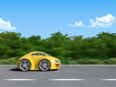 sellingpix (artist) - Yellow sportcar on the road (3D render of Funny sportcar racing on the tropic island road) Stock Photo - Budget Royalty-Free & Subscription, Code: 400-04663251