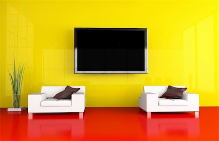 elegant tv room - Modern interior white drawing tv room Foto de stock - Super Valor sin royalties y Suscripción, Código: 400-04663491