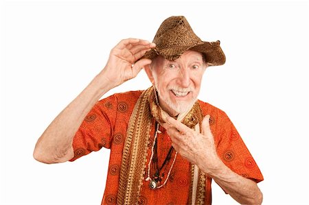 simsearch:400-04227846,k - Eccentric handsome senior man in shirt with ohm symbol and straw hat Fotografie stock - Microstock e Abbonamento, Codice: 400-04663807