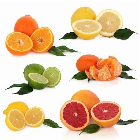 simsearch:825-05986695,k - Citrus fruit collection of  lemon, lime, orange, tangerine and grapefruit with leaf sprigs, isolated over white background. Stock Photo - Budget Royalty-Free & Subscription, Code: 400-04663980