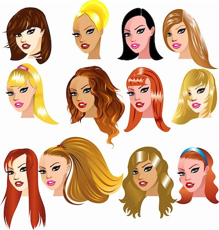 Vector Illustration of White Women Faces. Great for avatars, makeup, skin tones or hair styles of Caucasian women. Fotografie stock - Microstock e Abbonamento, Codice: 400-04674073