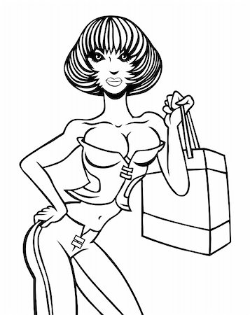 simsearch:400-04643147,k - Cartoon of a sexy girl in a corset holding a shopping bag. Foto de stock - Super Valor sin royalties y Suscripción, Código: 400-04674851