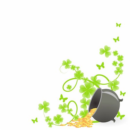 pot of gold - St. Patrick's pattern corner with green shamrock vignette and pot of gold Stock Photo - Budget Royalty-Free & Subscription, Code: 400-04674996