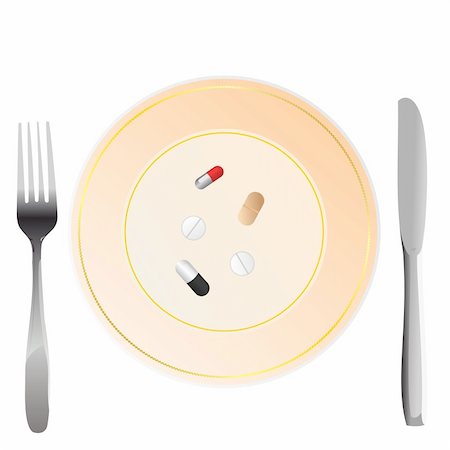 plate knife and fork outline - Vector illustration of nutritional care represented by a few pills serving on the plate Foto de stock - Super Valor sin royalties y Suscripción, Código: 400-04675852