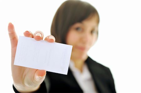 simsearch:400-06071690,k - young business woman isolated on white showing and displaying empty business card ready for text Photographie de stock - Aubaine LD & Abonnement, Code: 400-04676050