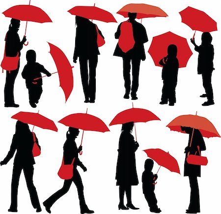 rainy season man walking - Set of vector silhouettes of people with red umbrella Stock Photo - Budget Royalty-Free & Subscription, Code: 400-04676756