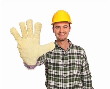 simsearch:400-07165423,k - smiling construction worker show his hand with glove Foto de stock - Royalty-Free Super Valor e Assinatura, Número: 400-04676879