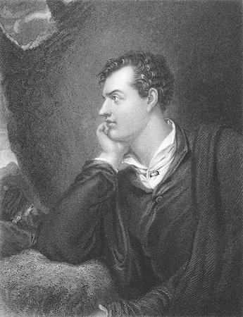 simsearch:400-07089133,k - Lord Byron (1788-1824) on engraving from the 1800s. One of the greatest British poets and leading figures in the Greek war of independence against the Ottoman Empire. Engraved by H. Robinson from a painting by R. Westall, published in London by Fisher, son & Co in 1838. Foto de stock - Super Valor sin royalties y Suscripción, Código: 400-04677090