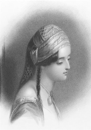 Lord Byron's Maid of Athens on engraving from the 1800s. Theresa Makri was a Greek girl, Lord Byron fell inlove and wrote a poem about. Engraved by W.Finden after a drawing by F.Stone and published in London by J.Murray & Co in 1837. Stock Photo - Budget Royalty-Free & Subscription, Code: 400-04677091