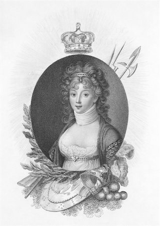 simsearch:400-06456570,k - Queen of Prussia on engraving from the 1800s. Engraved after a painting by Dahling and published in London by John Bell in 1807. Stock Photo - Budget Royalty-Free & Subscription, Code: 400-04677154