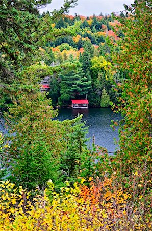 simsearch:400-07036352,k - Boathouse on lake through fall forest with colorful trees Stockbilder - Microstock & Abonnement, Bildnummer: 400-04678021