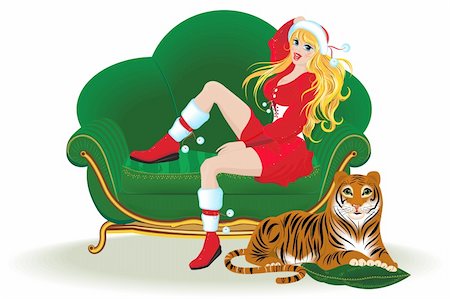 girl and a tiger on the eve of Christmas in vector format Stock Photo - Budget Royalty-Free & Subscription, Code: 400-04678533