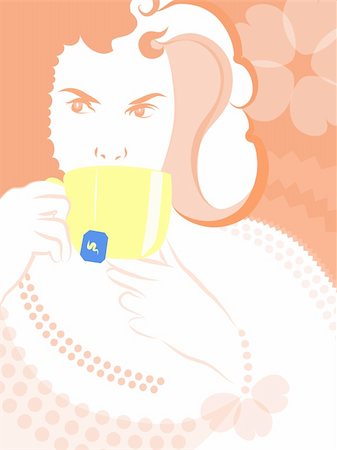 simsearch:400-04679404,k - illustration drawing of a woman drinking a cup of tea Foto de stock - Royalty-Free Super Valor e Assinatura, Número: 400-04679409