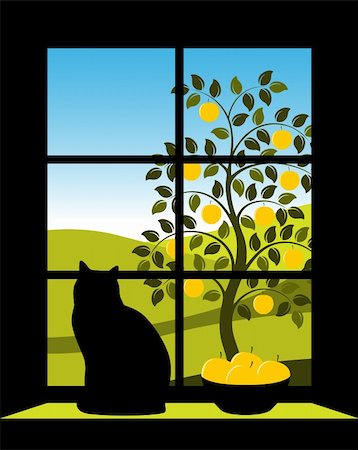 picture of cat sitting on plant - vector landscape with apple tree outside window, Adobe Illustrator 8 format Stock Photo - Budget Royalty-Free & Subscription, Code: 400-04679519