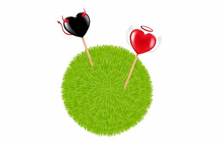 Two lollipops with heart shape like a devil and angel in a Ball of Green Grass Stock Photo - Budget Royalty-Free & Subscription, Code: 400-04679835