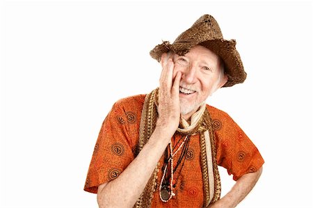 simsearch:400-04227846,k - Laughing senior man in straw hat and orange shirt Fotografie stock - Microstock e Abbonamento, Codice: 400-04670424