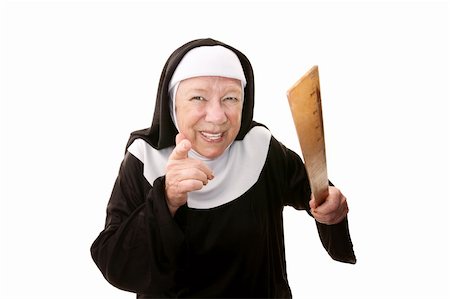 simsearch:400-04671065,k - Funny nun carrying wooden ruler as a weapon Stock Photo - Budget Royalty-Free & Subscription, Code: 400-04670447