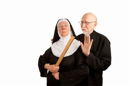 Funny priest warning about angry nun with ruler as weapon Stock Photo - Budget Royalty-Free & Subscription, Code: 400-04670487