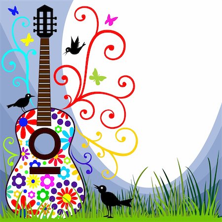 Guitar with flower design, in the meadow with birds and flying butterflies, musical instrument background, full scalable vector graphic included Eps v8 and 300 dpi JPG Stock Photo - Budget Royalty-Free & Subscription, Code: 400-04671011