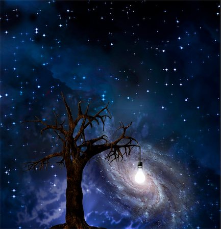Tree with hanging light bulb and galaxy in starscape Stock Photo - Budget Royalty-Free & Subscription, Code: 400-04671968