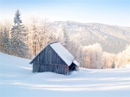 snowy night at home - Abandoned wooden cottage in mountain under snow. Winter time. Stock Photo - Budget Royalty-Free & Subscription, Code: 400-04672774