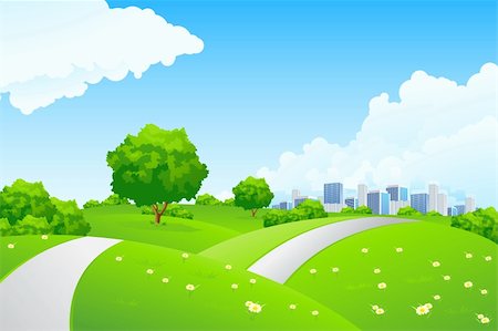 Landscape - green hills with tree cityscape and cloudscape Stock Photo - Budget Royalty-Free & Subscription, Code: 400-04684285
