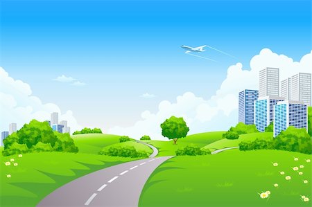 Landscape - green hills with tree cityscape cloudscape and airplane Stock Photo - Budget Royalty-Free & Subscription, Code: 400-04684283
