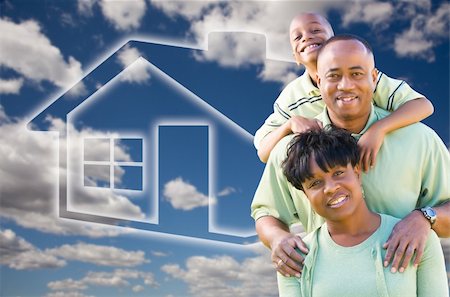 Happy African American Family Over Clouds, Sky and House Icon. Photographie de stock - Aubaine LD & Abonnement, Code: 400-04684751