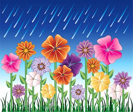 Vector illustration of a Spring Day 2 with Rain and Flower Garden with grass. Fotografie stock - Microstock e Abbonamento, Codice: 400-04684828