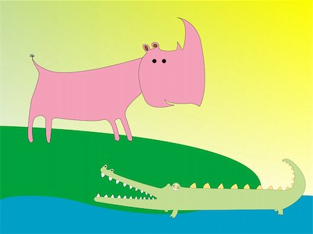 drawing of a crocodile and rhino, vector art illustration; more drawings in my gallery Stock Photo - Budget Royalty-Free & Subscription, Code: 400-04684856