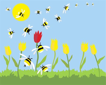 simsearch:400-04785692,k - a hand drawn illustration of a group of bees swarming to the only red tulip on a beautiful sunny day Fotografie stock - Microstock e Abbonamento, Codice: 400-04685832