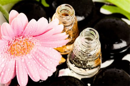 Spa essentials (stones with flower and bottles of oil) Stock Photo - Budget Royalty-Free & Subscription, Code: 400-04686305