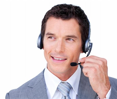 simsearch:400-04119293,k - Confident young businessman using headset against a white background Fotografie stock - Microstock e Abbonamento, Codice: 400-04687207