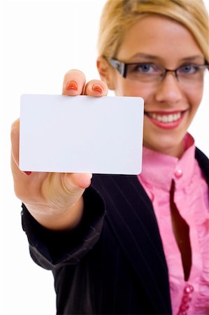 simsearch:400-06071690,k - young business woman isolated on white showing and displaying empty business card ready for text Photographie de stock - Aubaine LD & Abonnement, Code: 400-04688210