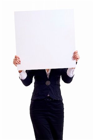 Businesswoman standing and holding a white empty billboard or signboard Stock Photo - Budget Royalty-Free & Subscription, Code: 400-04689077