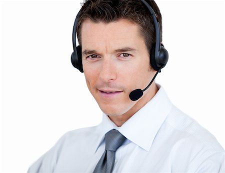 simsearch:400-04188205,k - Self-assured sales representative man with an headset against white background Stock Photo - Budget Royalty-Free & Subscription, Code: 400-04689141