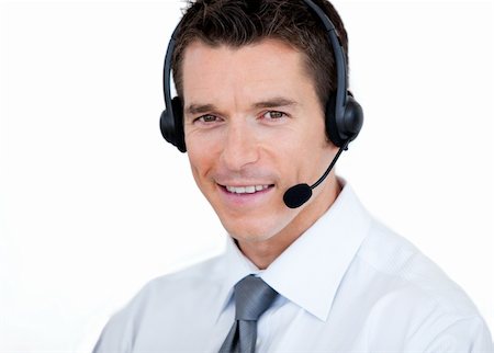 simsearch:400-06108986,k - Confident customer service agent using headset against a white background Stock Photo - Budget Royalty-Free & Subscription, Code: 400-04689142